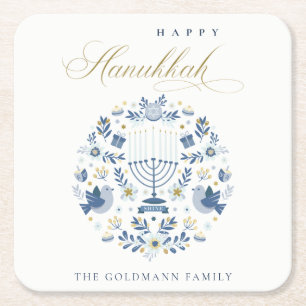 Elegant Classy Navy Blue Happy Hanukkah Floral Vierkante Kartonnen Onderzetter