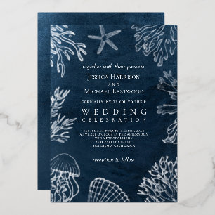 Elegant Classy Navy Blue Ocean Beach Wedding Folie Uitnodiging