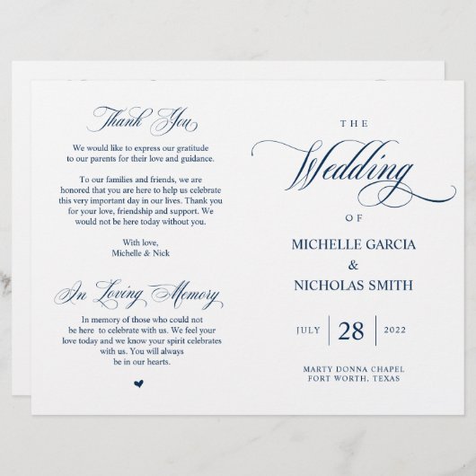 Elégant Classy Navy Blue, Programme de mariage pli (Devant / Derrière)