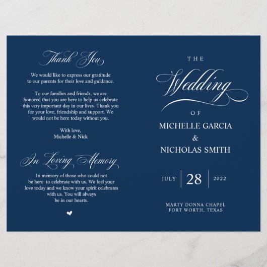 Elégant Classy Navy Blue, Programme de mariage pli (Devant)