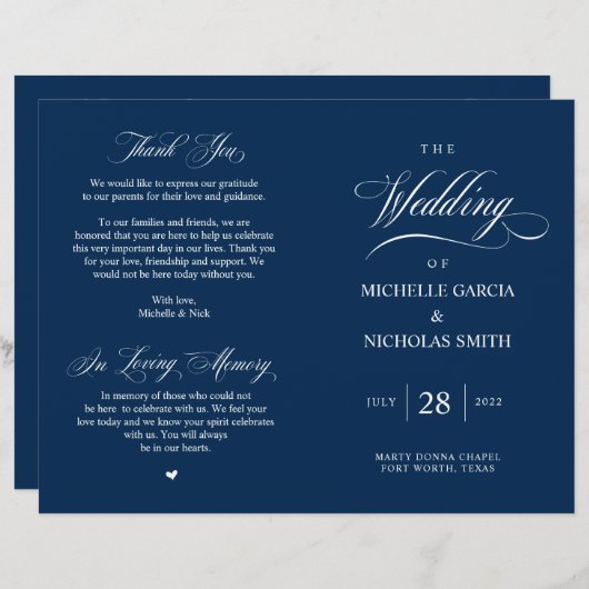 Elégant Classy Navy Blue, Programme de mariage pli (Devant / Derrière)