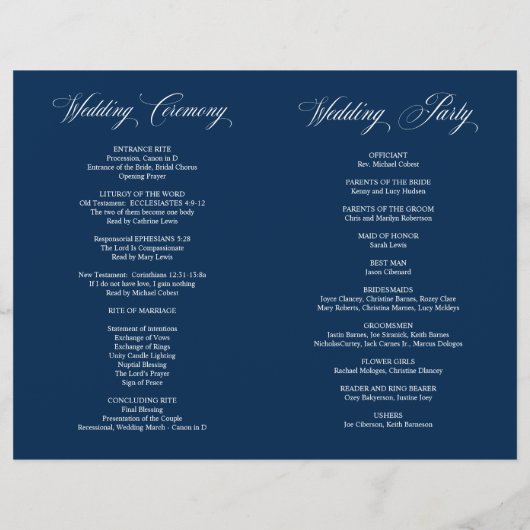 Elégant Classy Navy Blue, Programme de mariage pli (Dos)