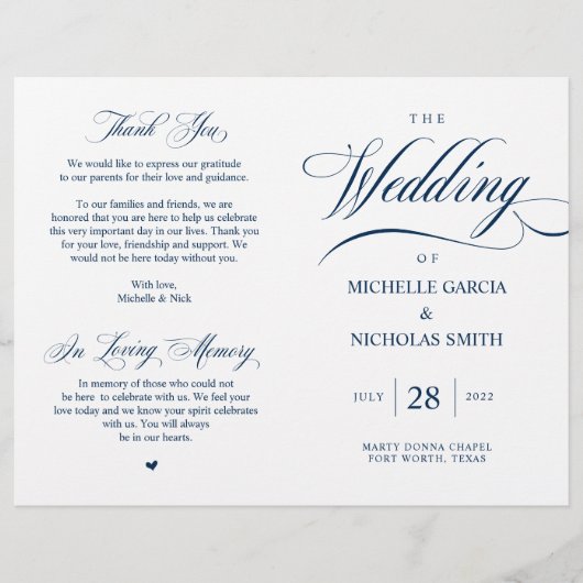 Elégant Classy Navy Blue, Programme de mariage pli (Devant)