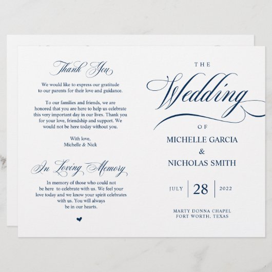 Elégant Classy Navy Blue, Programme de mariage pli (Devant / Derrière)