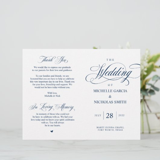 Elégant Classy Navy Blue, Programme de mariage pli (Debout devant)