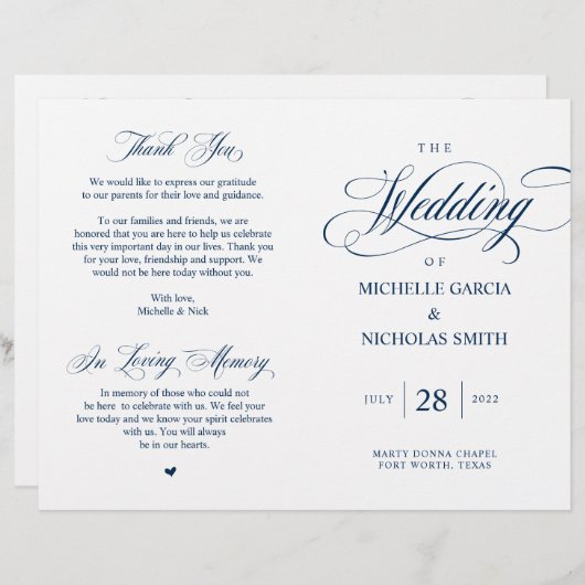 Elégant Classy Navy Blue, Programme de mariage pli (Devant / Derrière)