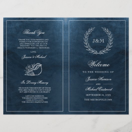 Elegant Classy Navy Seashell Beach Wedding Program (Voorkant)