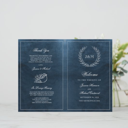 Elegant Classy Navy Seashell Beach Wedding Program (Staand voorkant)