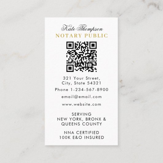 Elegant Classy Notary Signing Agent QR Code Gold Visitekaartje (Achterkant)