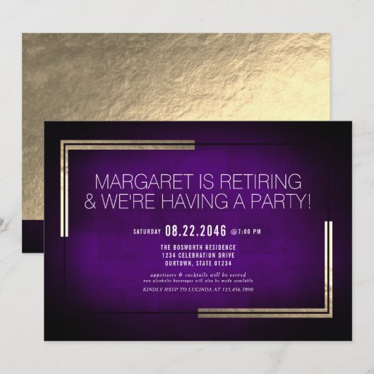 Elegant Classy Paars/Gold Retirement Party Kaart (Voorkant / Achterkant)