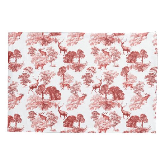 Elegant Classy Red, Frans Toile Deer Fox Forest Kussensloop (Achterkant-Links)