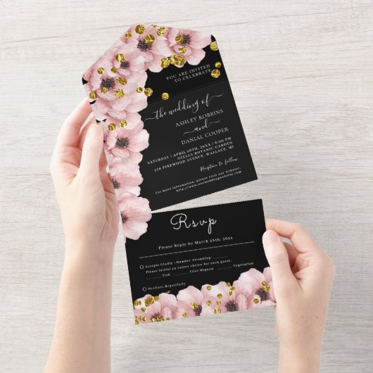 Elegant Classy Rosy Black Wedding All In One Uitnodiging (Afscheurbaar)