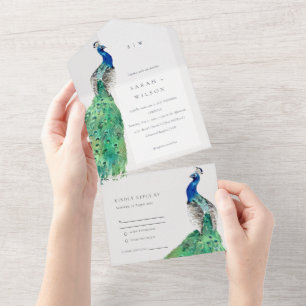 Elegant Classy Waterverf Peacock Wedding All In One Uitnodiging