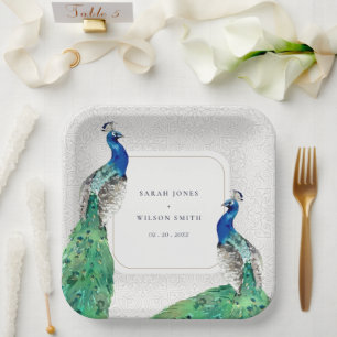 Elegant Classy Waterverf Peacock Wedding Papieren Bordje