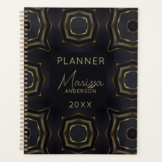 Elegant Classy Zwart en Goud Geometrisch Functione Planner (Voorkant)