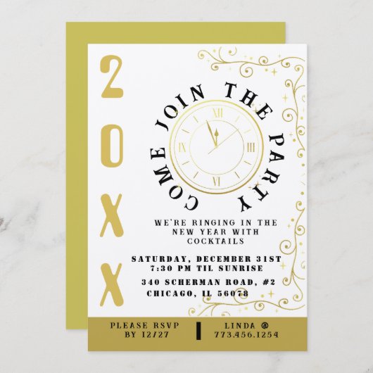 Elegant Clock New Year's Eve Party Kaart (Voorkant / Achterkant)