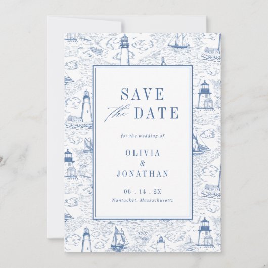 Elegant Coastal Blue Toile Wedding Photo Save The Date (Voorkant)