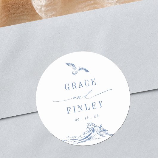 Elegant Coastal Chic Blue Seaside Wedding Ronde Sticker