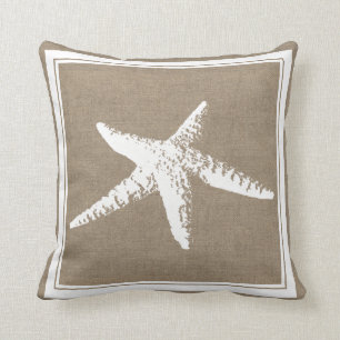 Elegant Coastal White Starfish & Faux Burlap Kussen