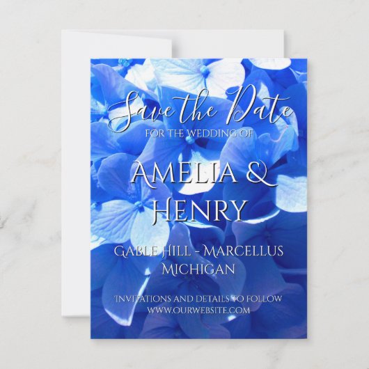 Elegant cobalt blue floral elegant blue hydrangea  save the date (Voorkant)