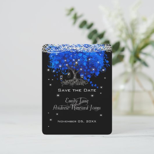 Elegant Cobalt Blue Heart Leaf Tree Save the Date Kaart (Staand voorkant)