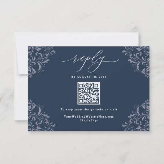 Élégant Code QR Bleu Nuit Cartes de Réponse Mariag (Devant)