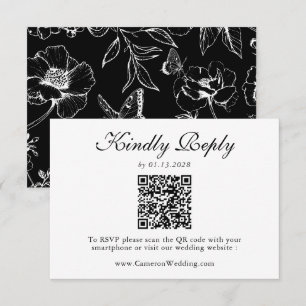 Élégant Code QR Floral Mariage Noir Blanc RSVP