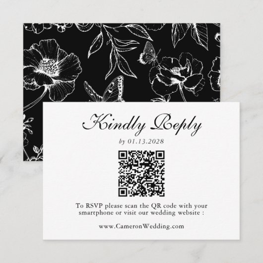 Élégant Code QR Floral Mariage Noir Blanc RSVP (Devant / Derrière)