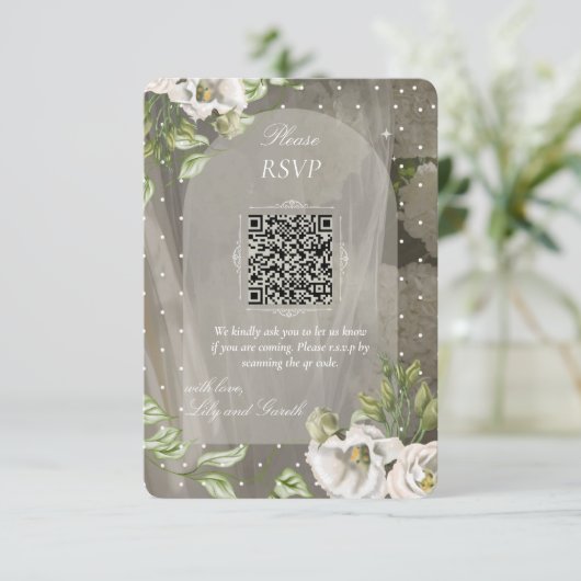 Élégant Code QR RSVP de mariage à motifs de points (Debout devant)