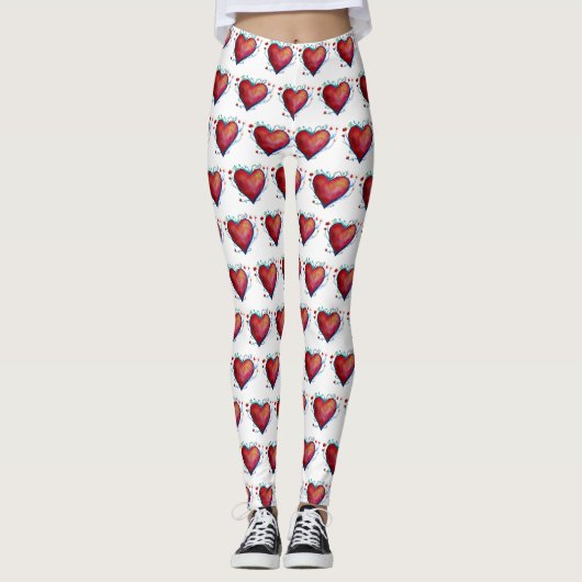 Elégant coeur rouge aquarelle Leggings personnalis (Devant)