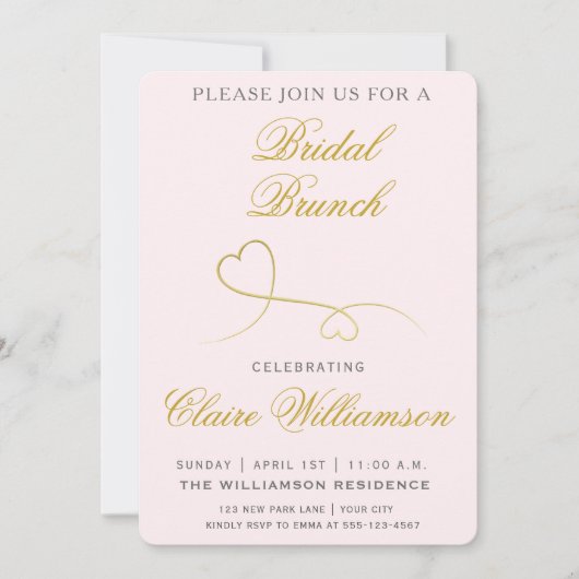 Elégant Coeurs d'or Pink Bridal Brunch Invitation (Devant)