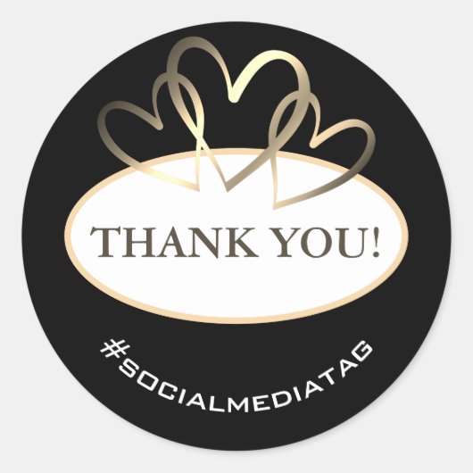Elégant Coeurs d'or ronds Merci Étiquette Noir (Devant)