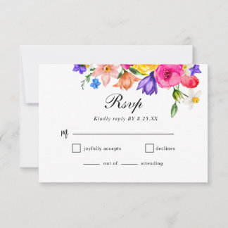 Elegant  Colorful Bold Watercolor Floral wedding RSVP Kaartje
