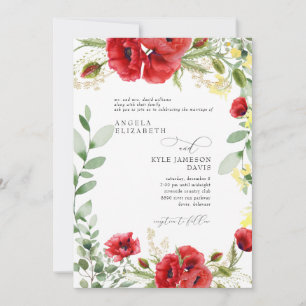 Elegant Colorful Red Foliage Poppies Wedding Kaart