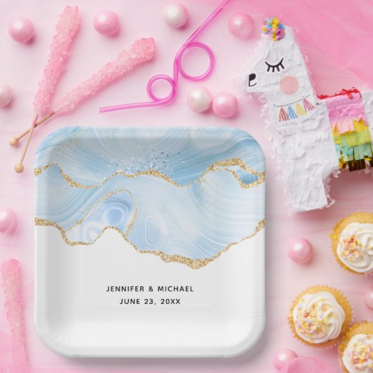 Elegant Cool Blue Agate en Gold Glitter Ribbon Papieren Bordje (Feest)