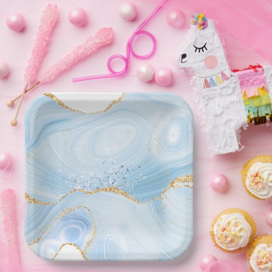 Elegant Cool Blue Agate en Gold Glitter Ribbon Papieren Bordje (Feest)