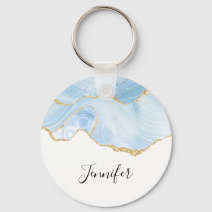 Elegant Cool Blue Agate en Gold Glitter Ribbon Sleutelhanger