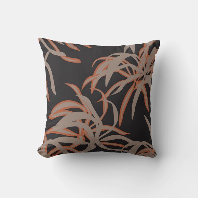 Elegant Copper and Black Tropical Leaf Throw Pillo Kussen (Voorkant)