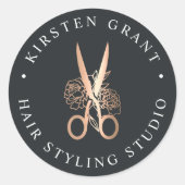 Elegant Copper Floral Scissors Logo Ronde Sticker (Voorkant)