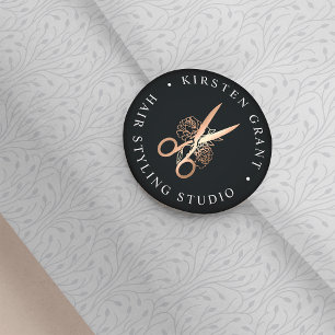 Elegant Copper Floral Scissors Logo Ronde Sticker
