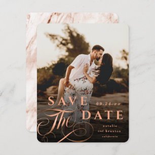 Elegant Copper Typografie met Marble Back Photo Save The Date