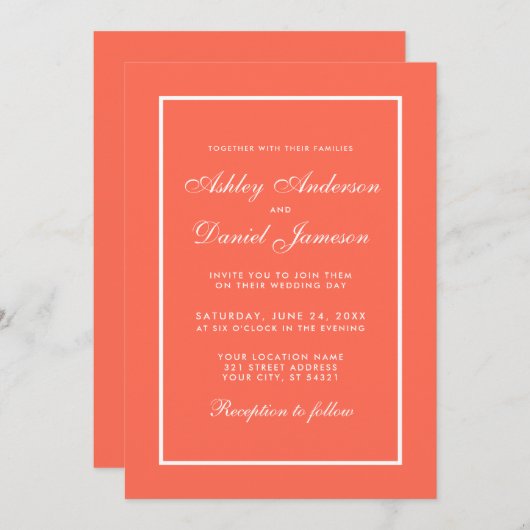 Elégant corail moderne et Faire-part de mariage bl (Devant / Derrière)