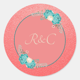 Elegant Coral Blue Flowers Ronde Sticker