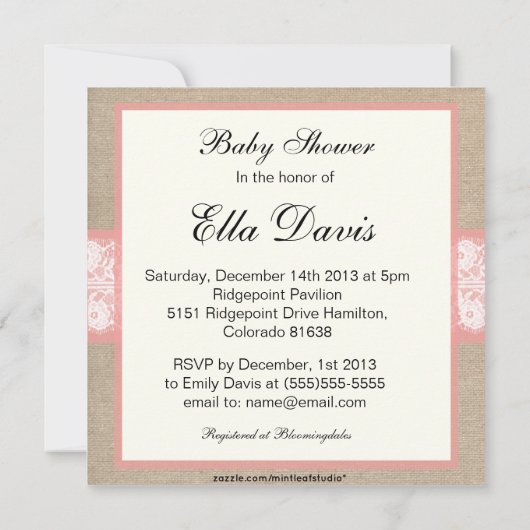 Elegant Coral Burlap Baby shower Invitation Kaart (Achterkant)