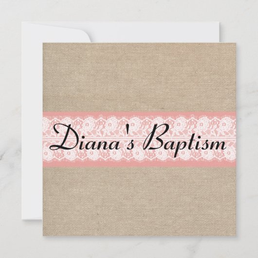 Elegant Coral Burlap Lace Baptism Invitation Kaart (Voorkant)