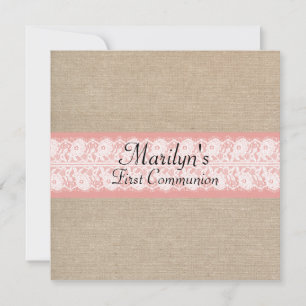Elegant Coral Burlap Lace First Community Invite Kaart