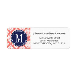 Elegant Coral Damask gepersonaliseerd Etiket