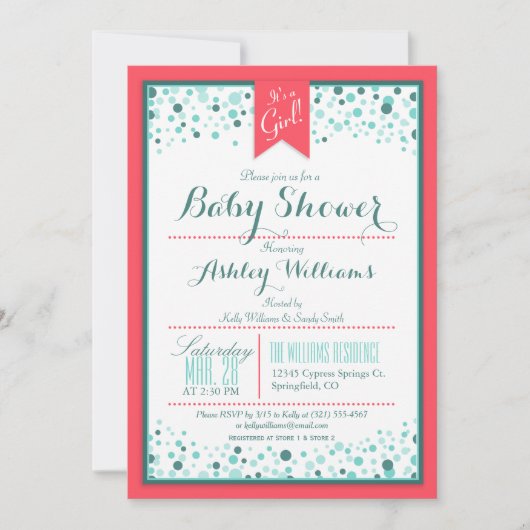 Elegant Coral en Aqua Confetti Baby shower Kaart (Voorkant)