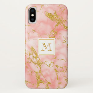 Elegant Coral Marble Monogram Faux Gold Glitter iPhone X Hoesje