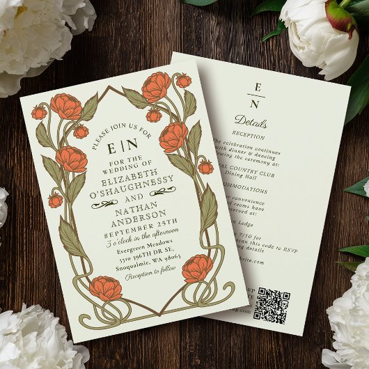 Elegant Coral Peony Art Nouveau QR Code Wedding Kaart
